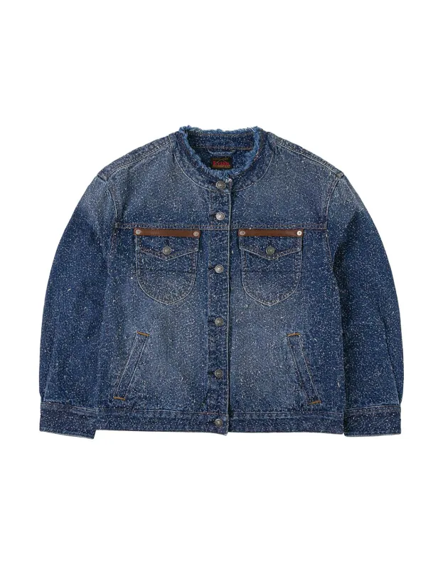 Leather Trim Fashion Fit Collarless Denim Jacket sold by Evisu