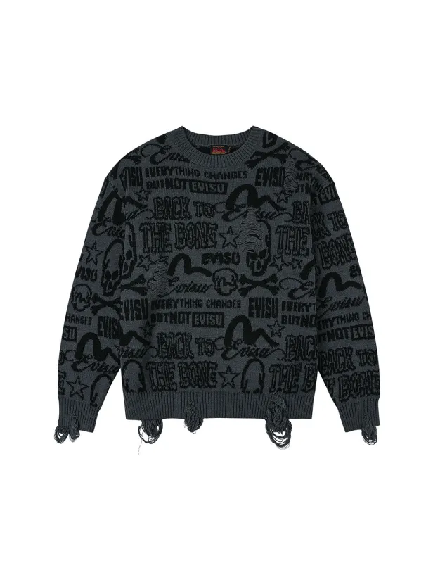 Allover Logos Jacquard Oversized Distressed Knit Sweater sold by Evisu