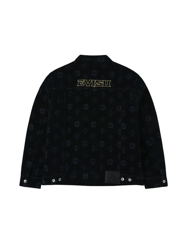 Allover Kamon Flocking Print Relax Fit Denim Jacket sold by Evisu