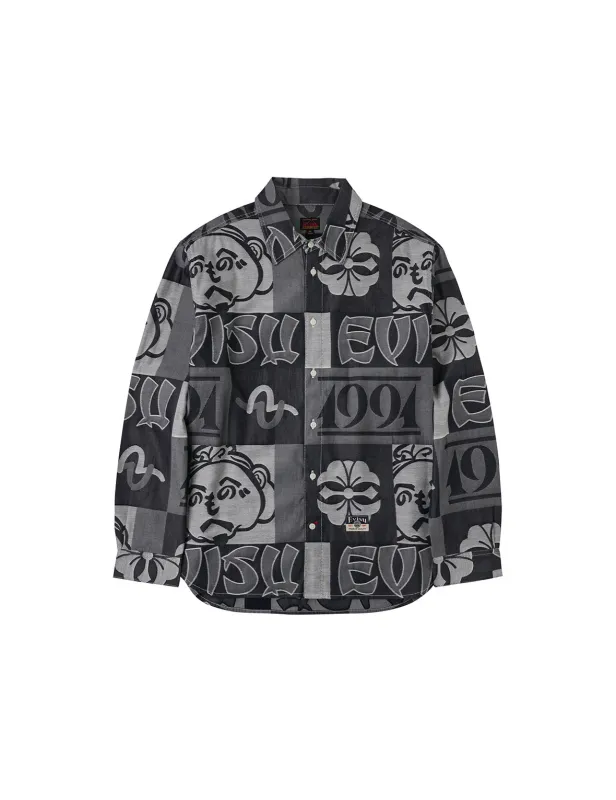 Allover Henohenomohe Godhead Jacquard Relax Fit Denim Shirt sold by Evisu