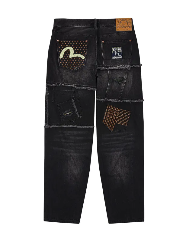 Washed Deconstructed Sashiko Relax Fit Jeans #2030 sold by Evisu