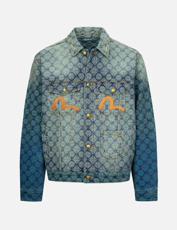 Gradient Allover Kamon Jacquard and Seagull Embrodiery Relax Fit Denim Jacket sold by Evisu