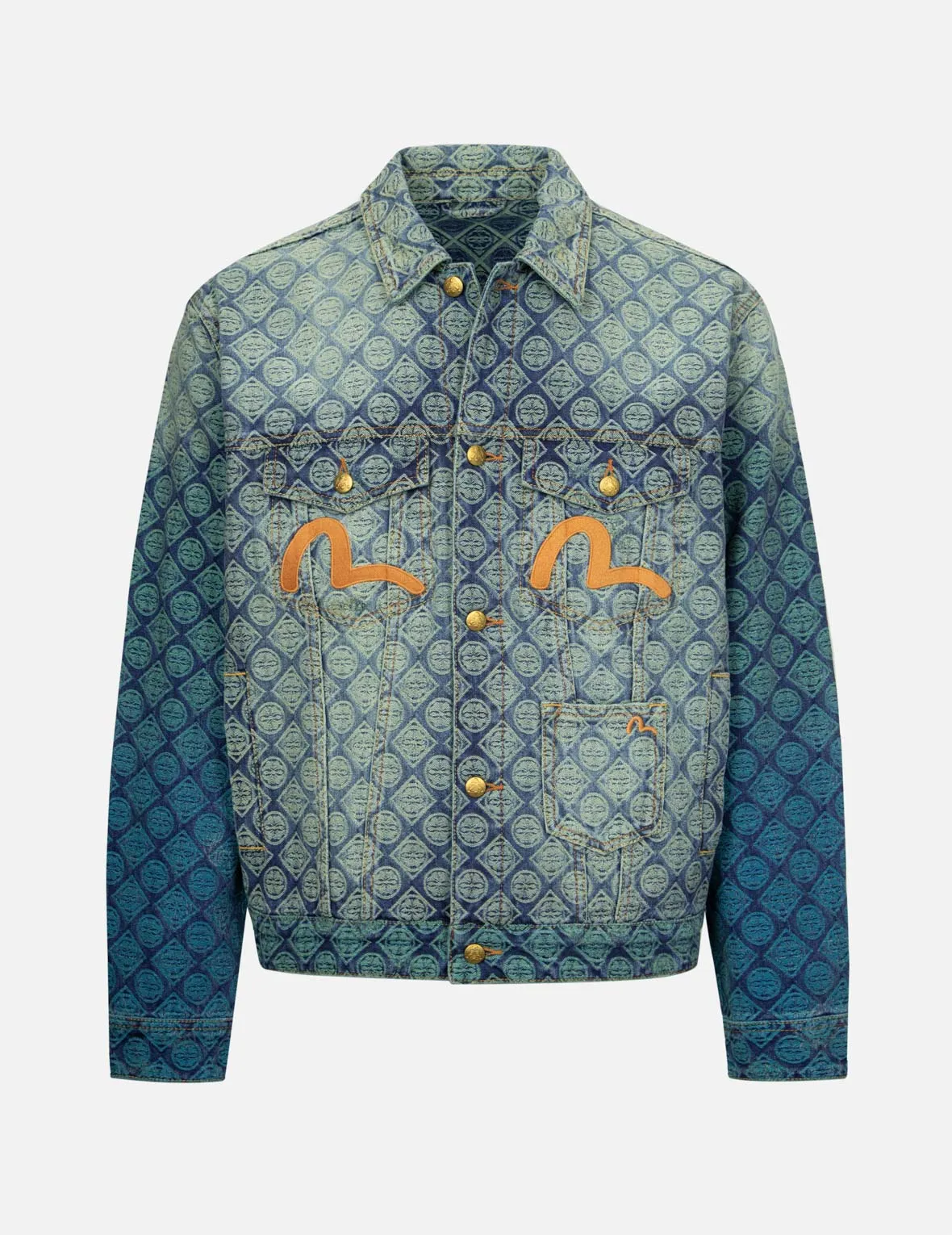 Gradient Allover Kamon Jacquard and Seagull Embrodiery Relax Fit Denim Jacket sold by Evisu