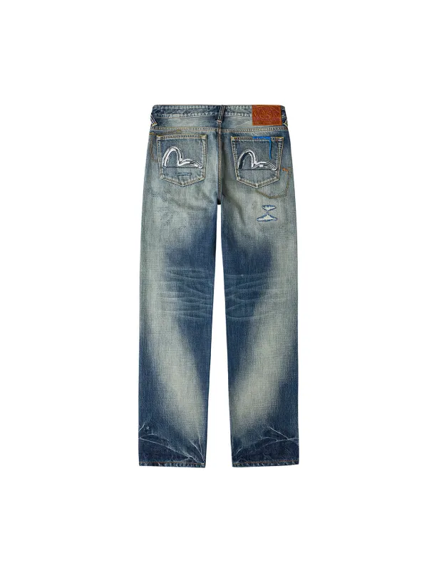 7-Pocket Design with Seagull Embroidery Washed Regular Fit Jeans #2020 sold by Evisu