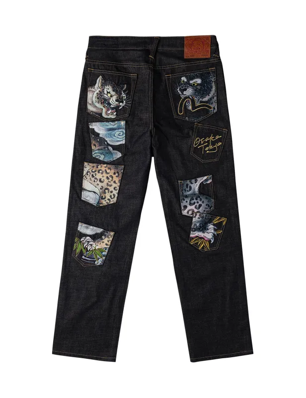 Multi-Pocket Embroidery Patch Jeans #2020 sold by Evisu