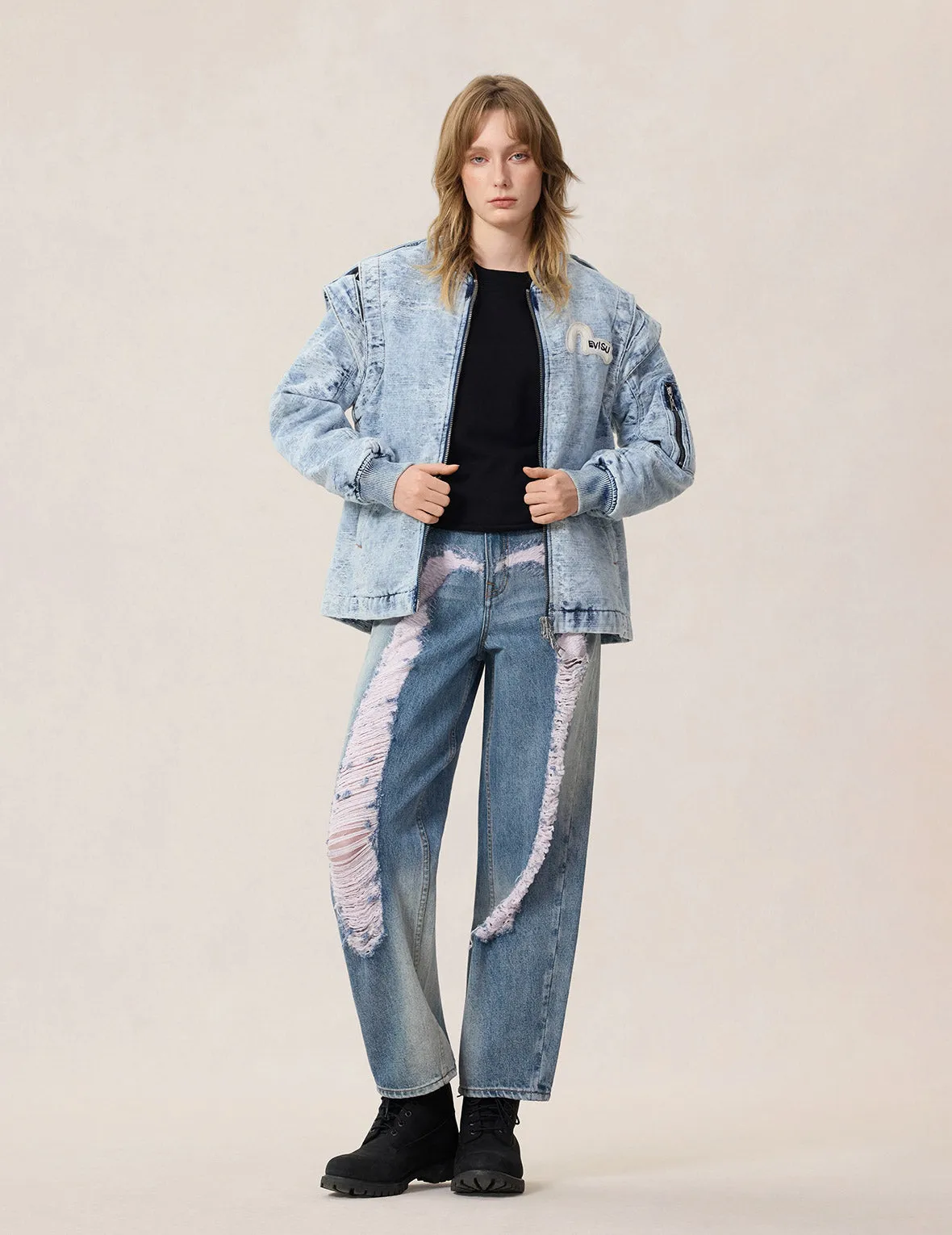 Detachable Distressed Denim Bomber Jacket sold by Evisu product image thumbnail 5