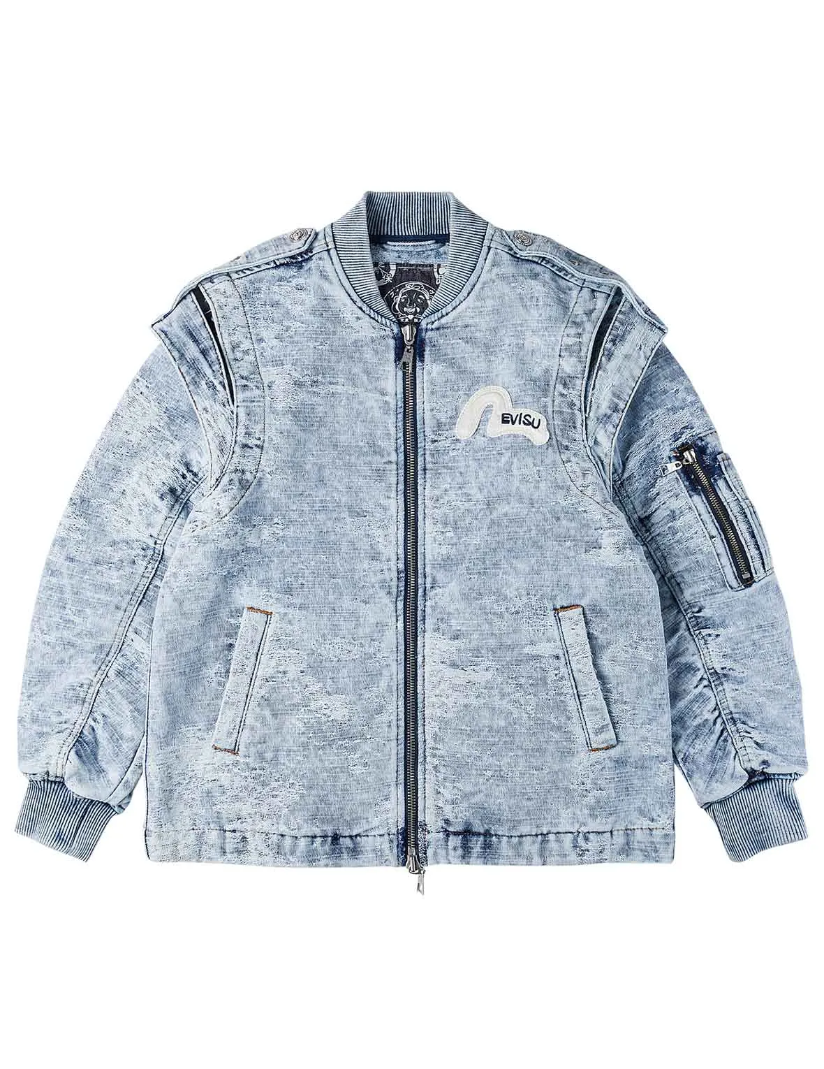 Detachable Distressed Denim Bomber Jacket sold by Evisu
