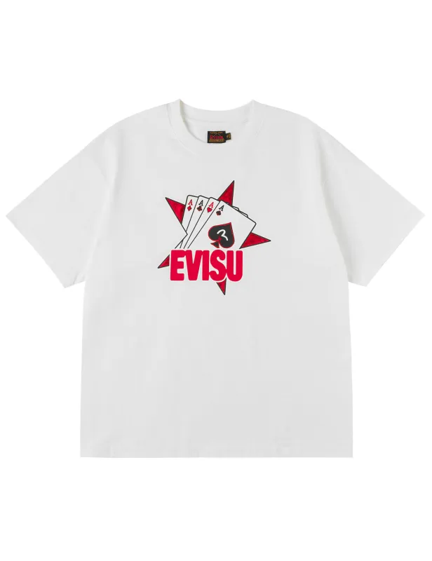 Poker Aces and Flocked Star T-shirt - White sold by Evisu