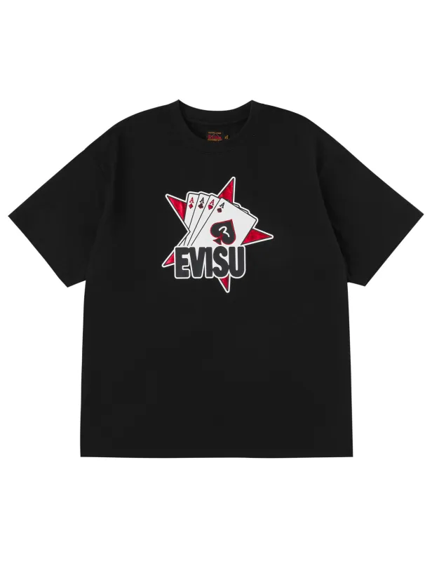 Poker Aces and Flocked Star T-shirt - Black sold by Evisu