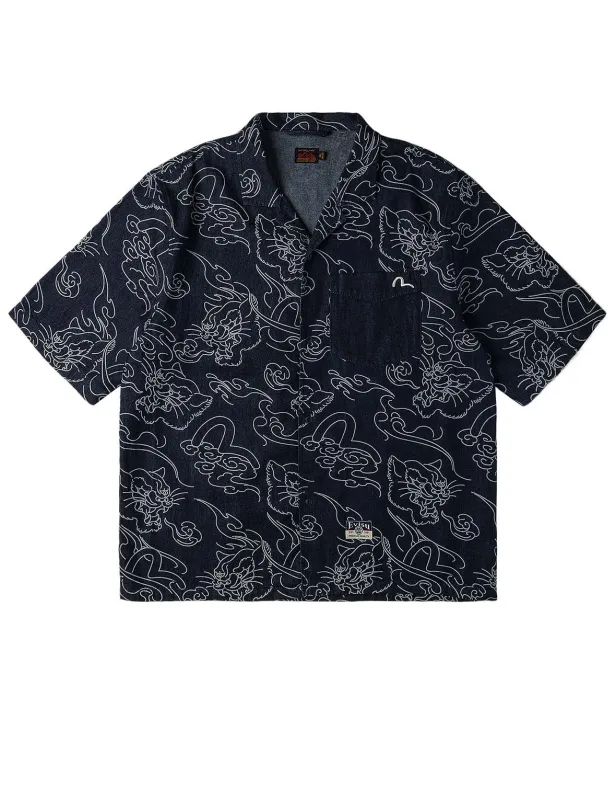 Allover Leopard and Cloud Print Denim Shirt sold by Evisu