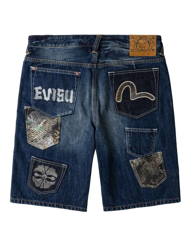 Brocade Patchwork Denim Shorts made by Evisu