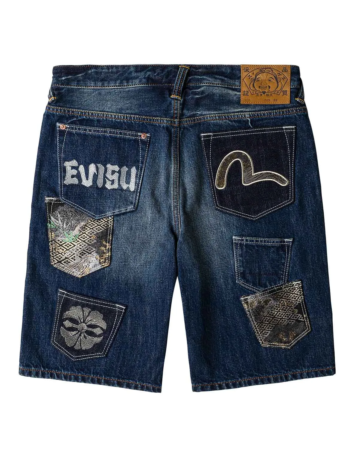 Brocade Patchwork Denim Shorts sold by Evisu