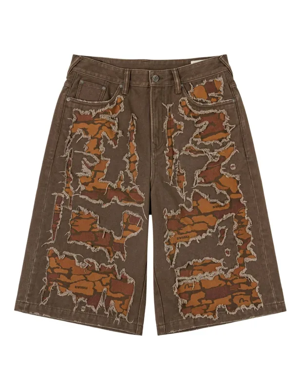 Ishigaki Camouflage Patchwork Denim Shorts sold by Evisu