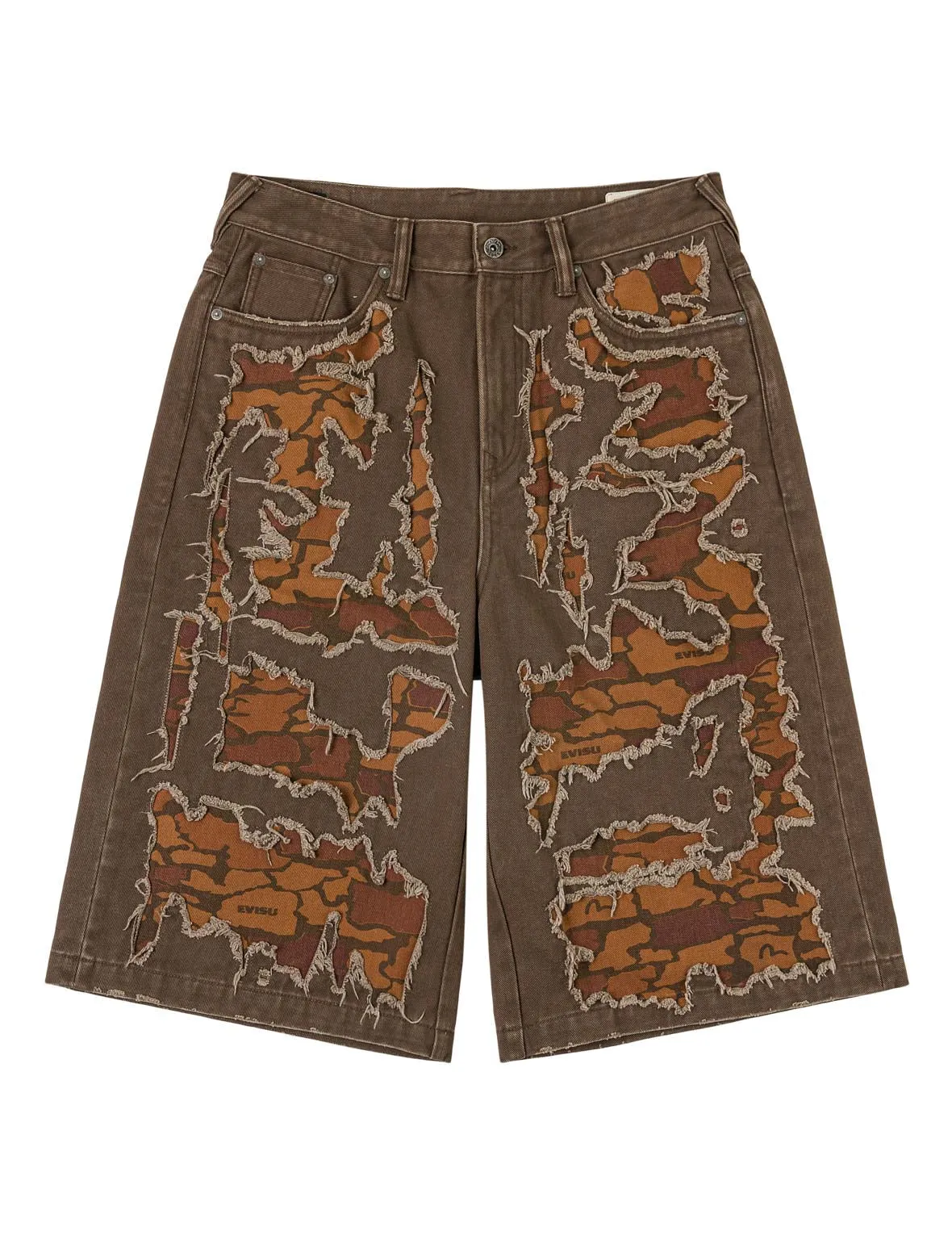 Ishigaki Camouflage Patchwork Denim Shorts sold by Evisu