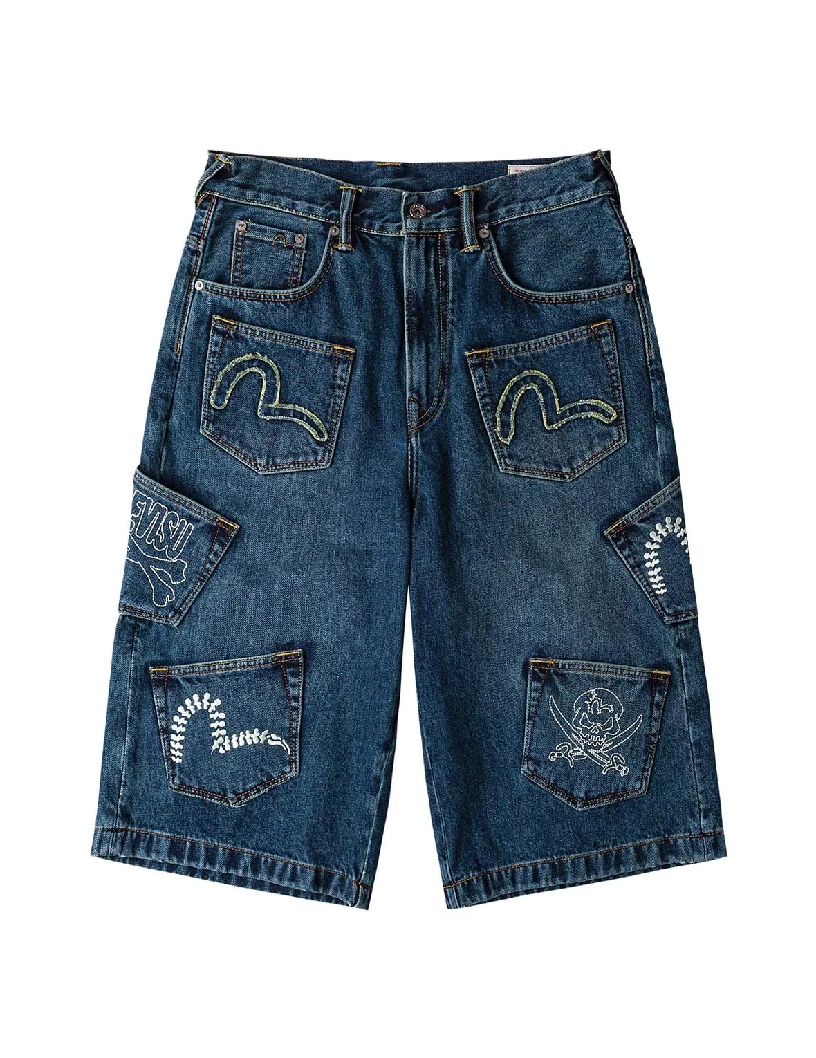 Skull Multi-Pocket Denim Shorts sold by Evisu