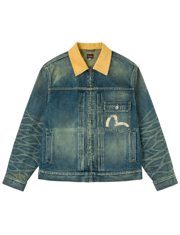 Contrast Collar Zipped Denim Jacket sold by Evisu