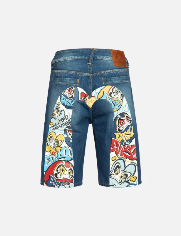 Graffiti Daruma Daicock Print Denim Shorts sold by Evisu