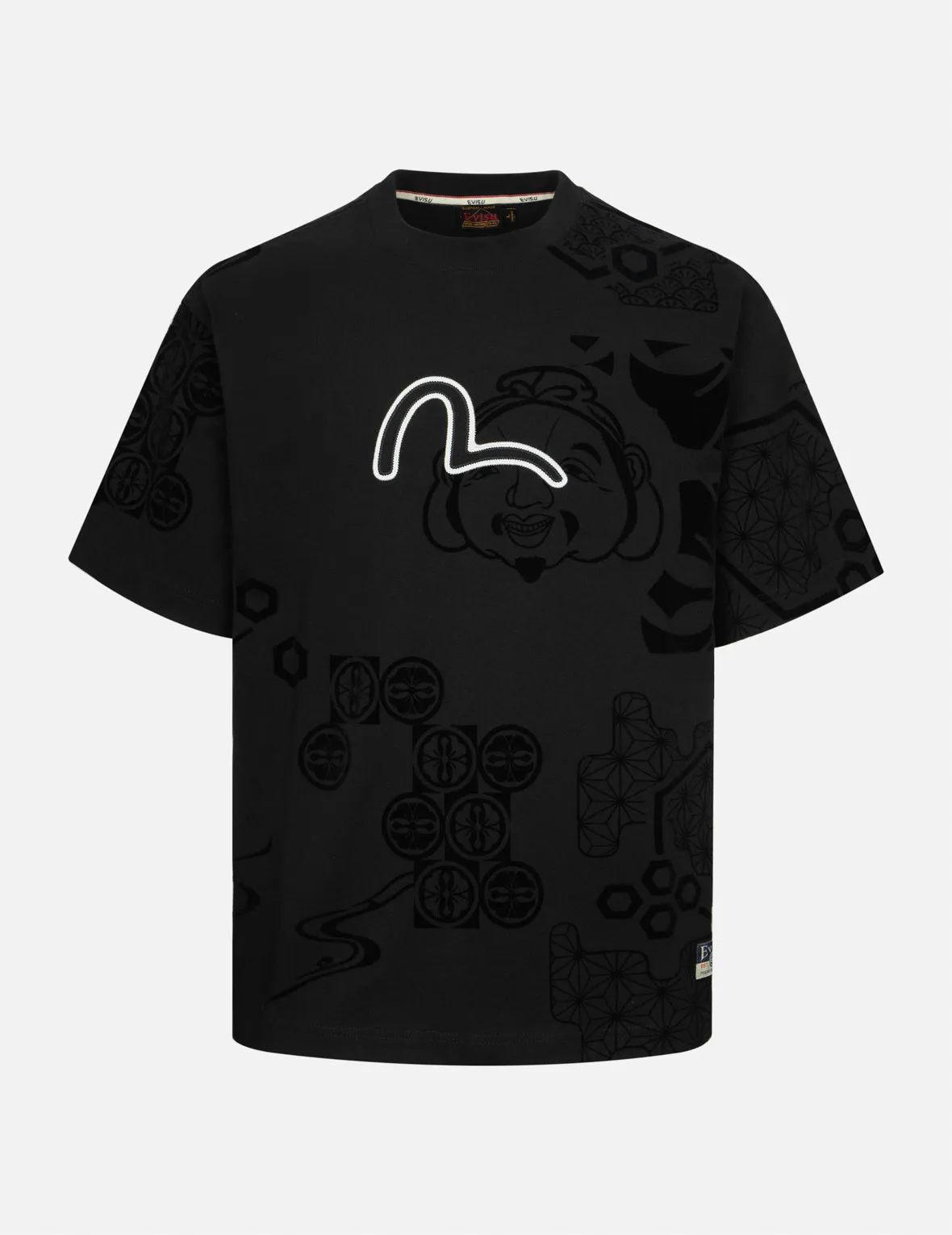 Seagull Embroidery and Allover Flocking Patterns Relax Fit T-shirt sold by Evisu