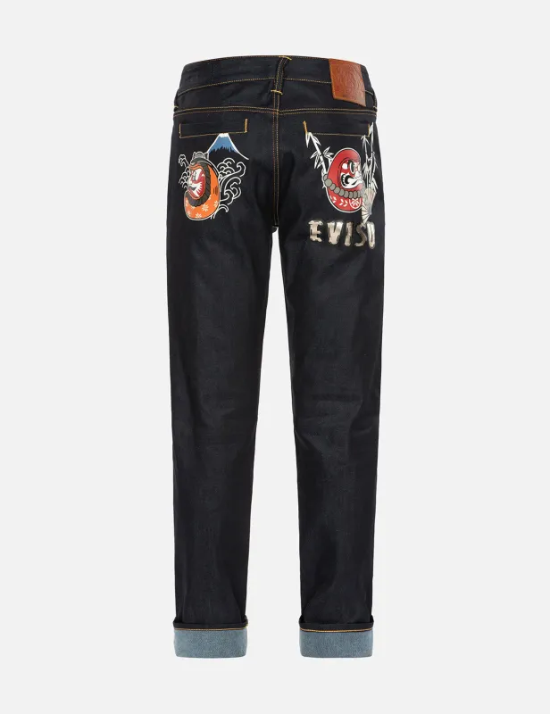 Kumadori Daruma Print Taper Fit Denim Jeans #2017 sold by Evisu