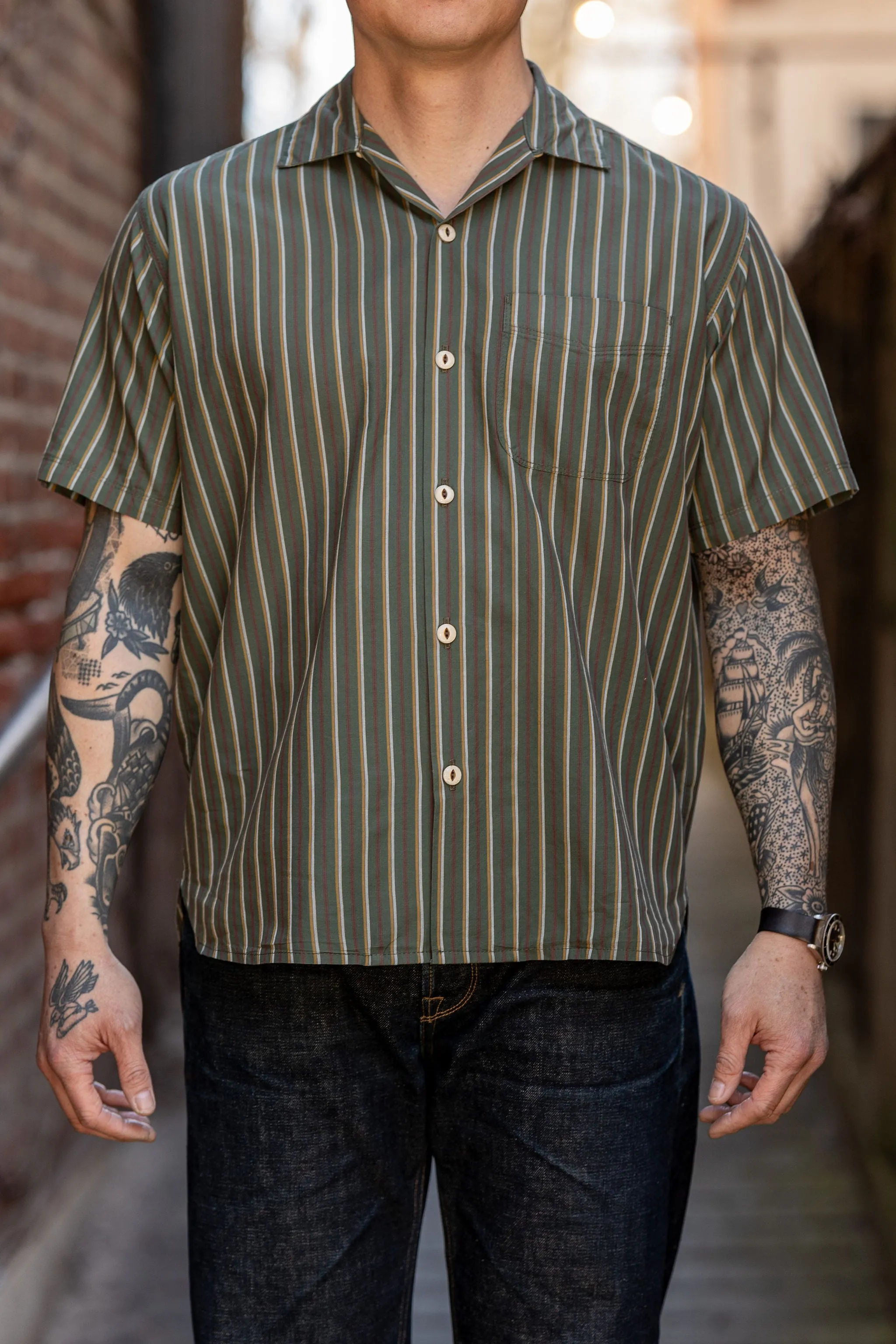 Freenote Cloth Hawaiian - Olive Stripe sold by Franklin and Poe