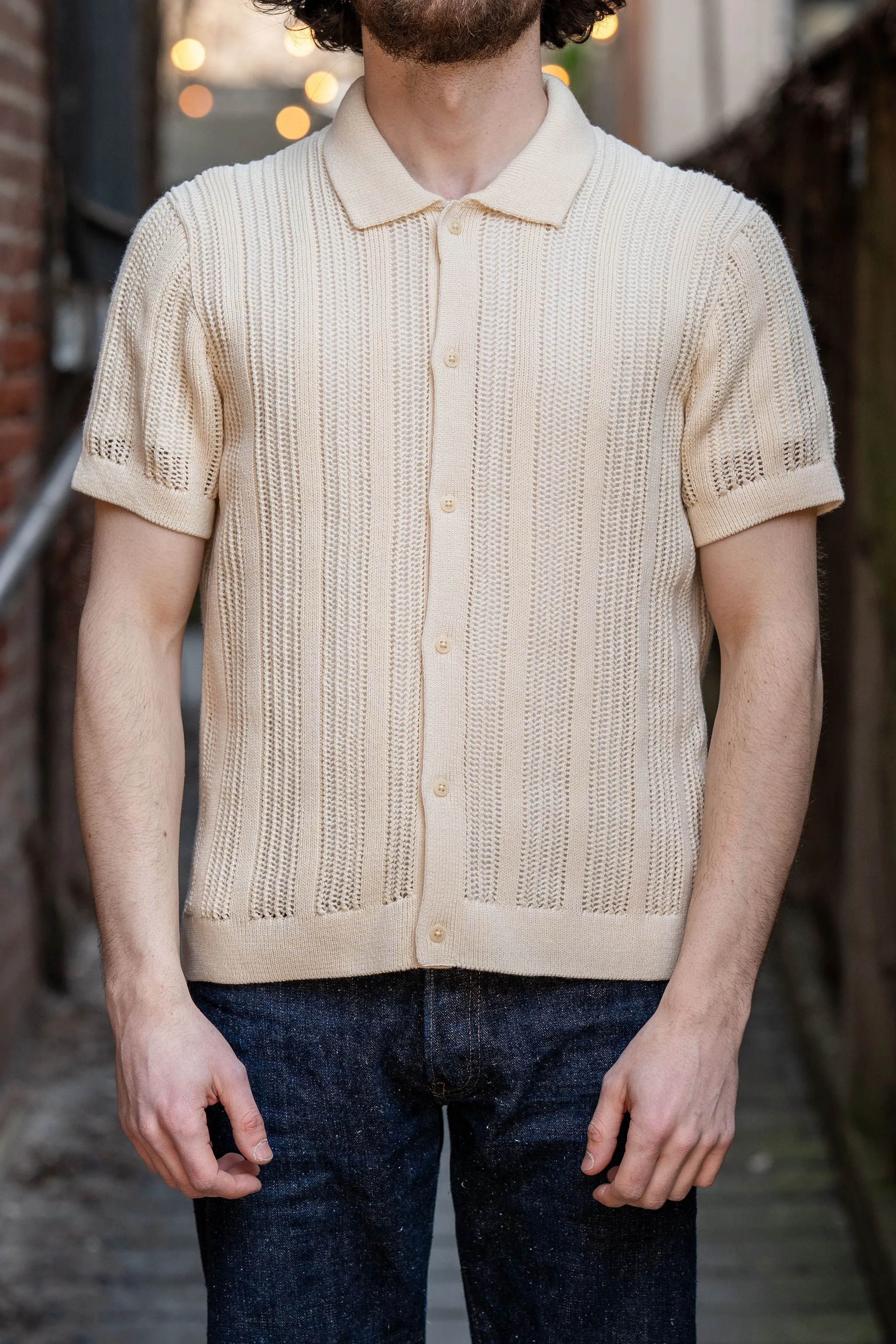 3sixteen Short Sleeve Knit Shirt - Ecru Mesh Stripe sold by Franklin and Poe