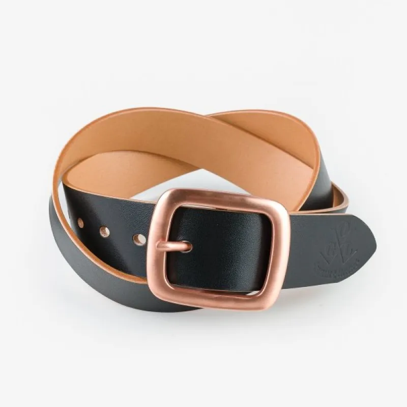 Obbi Good Label Single Prong Garrison Copper Buckle Leather Belt - Hand-Dyed Black sold by Franklin and Poe