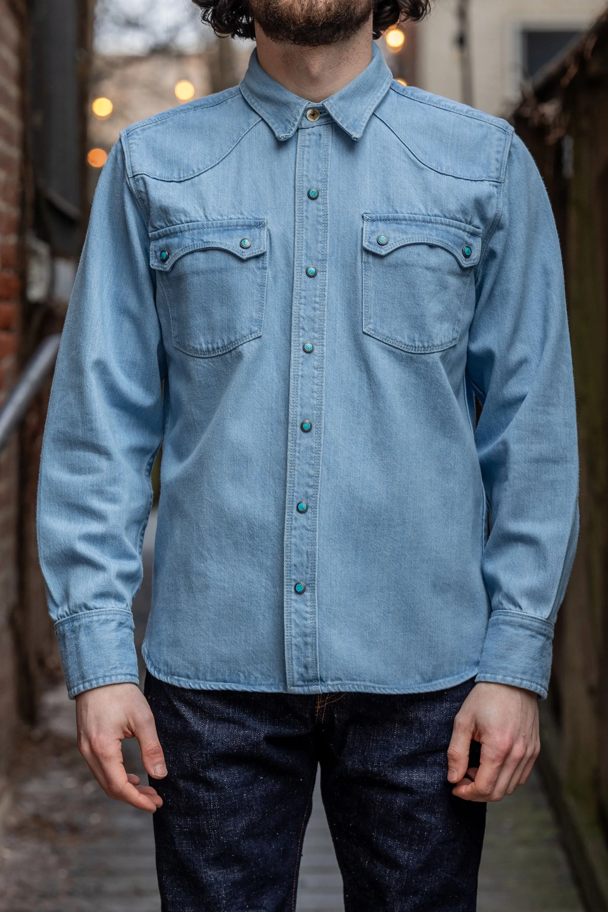 Freenote Cloth Modern Western - 11oz Bleached Denim with Turquoise Snaps sold by Franklin and Poe