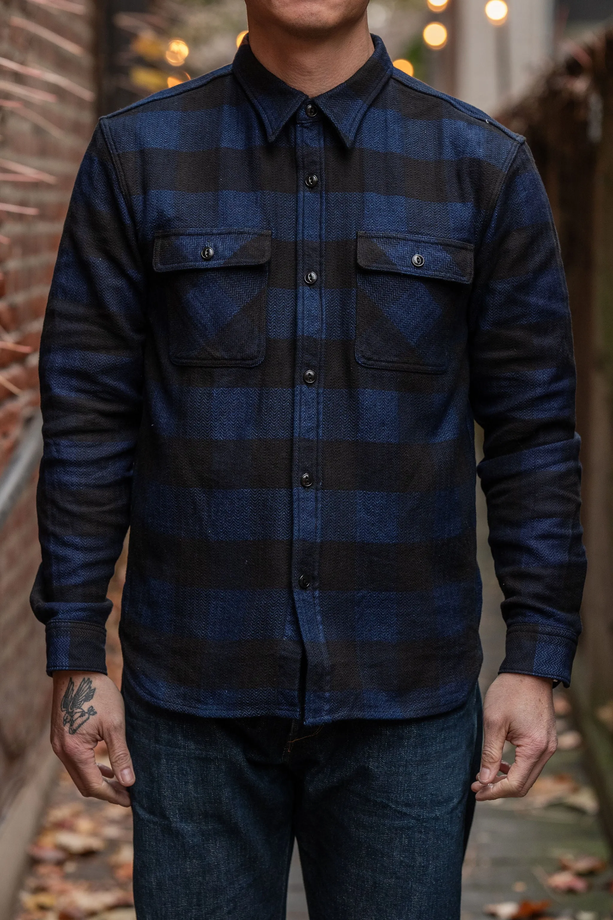 The Flat Head FN-SNR-101SP Block Check Flannel Work Shirt - Indigo sold by Franklin and Poe