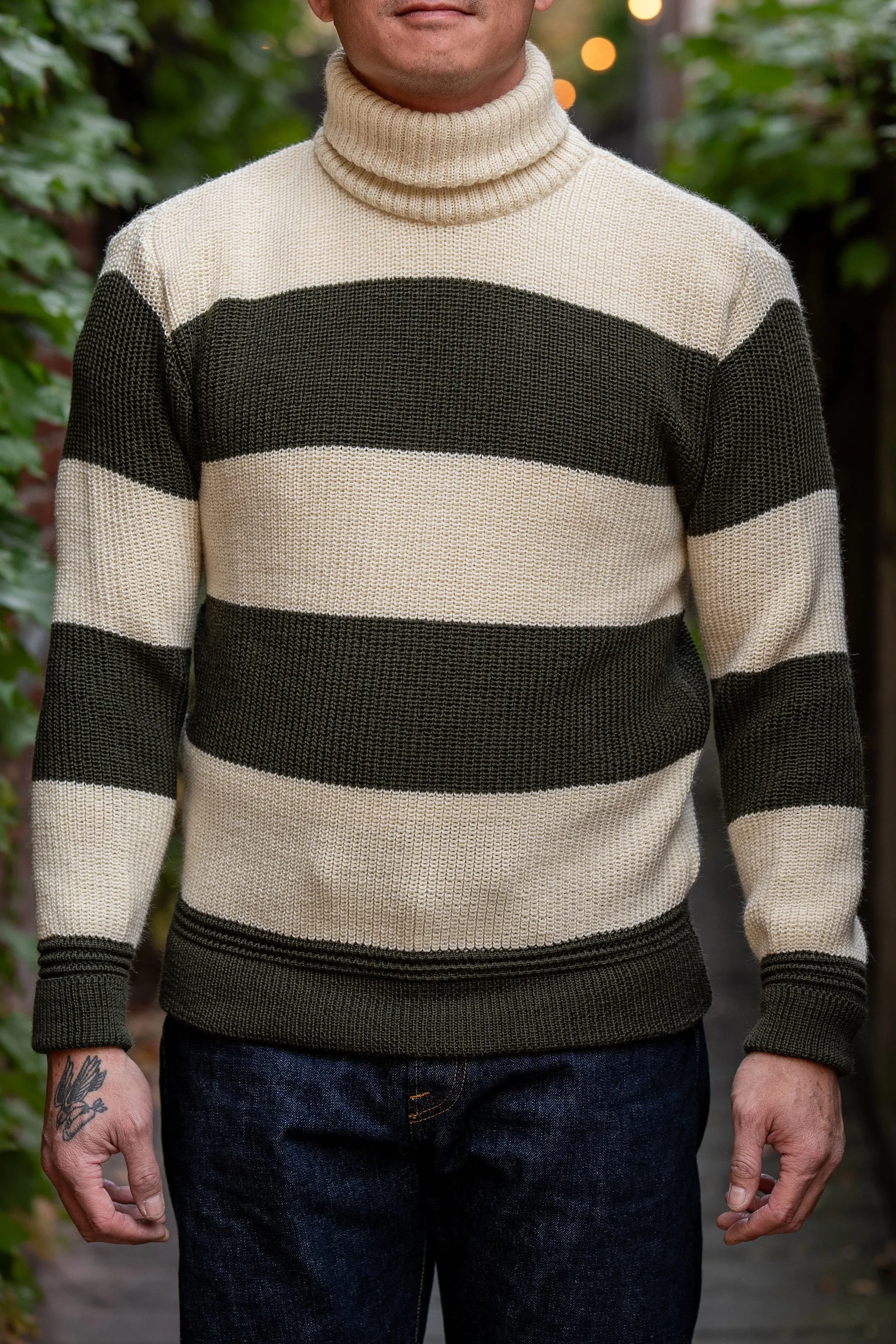 Heimat Textil Signal Sweater - Seashell/Military Green sold by Franklin and Poe