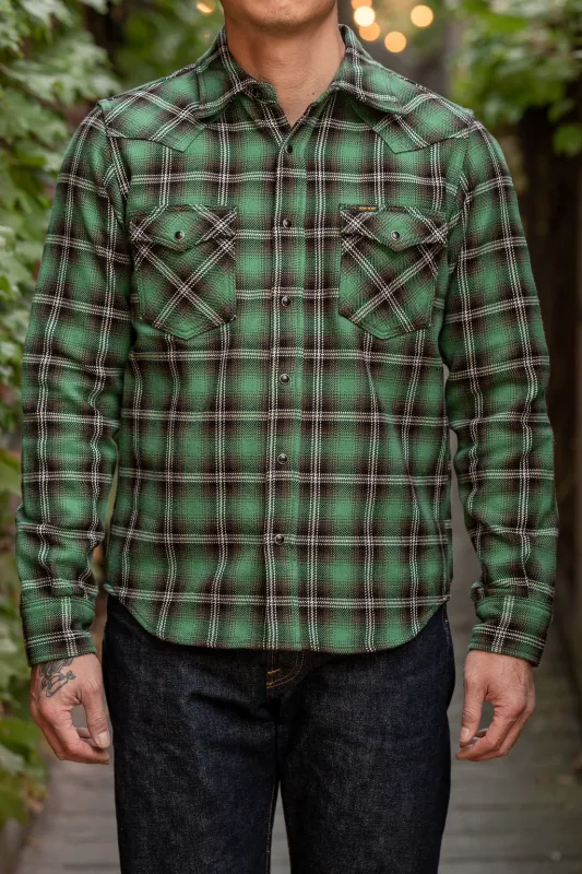 Iron Heart IHSH-405-GRN 12oz Ultra Heavy Flannel Check Western Shirt - Green sold by Franklin and Poe
