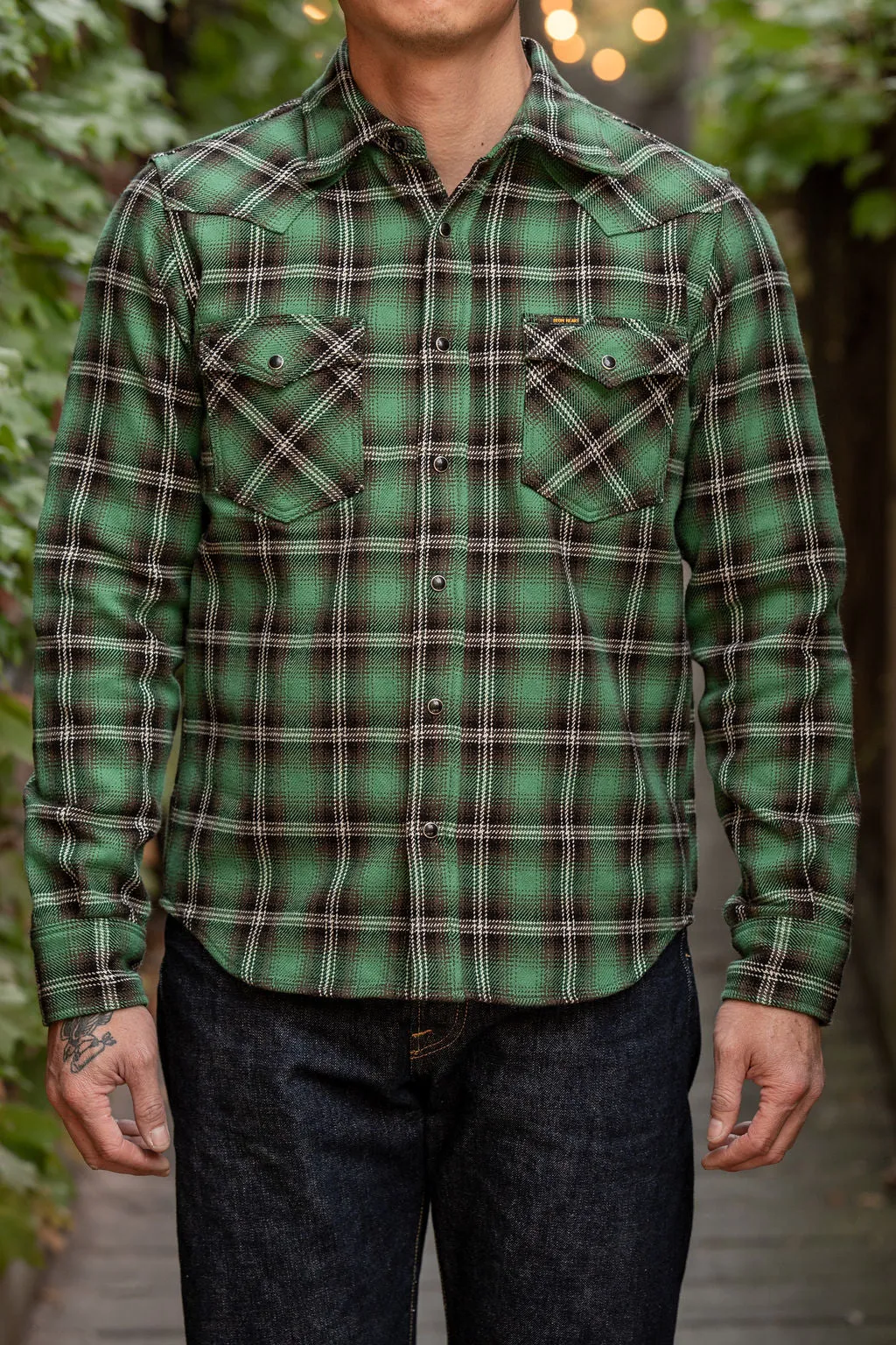 Iron Heart IHSH-405-GRN 12oz Ultra Heavy Flannel Check Western Shirt - Green sold by Franklin and Poe