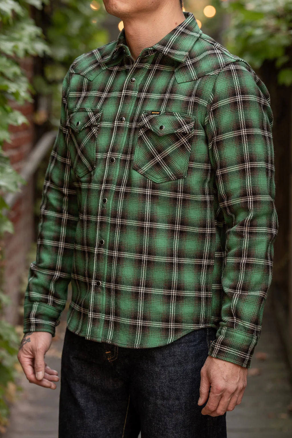 Iron Heart IHSH-405-GRN 12oz Ultra Heavy Flannel Check Western Shirt - Green sold by Franklin and Poe product image thumbnail 2