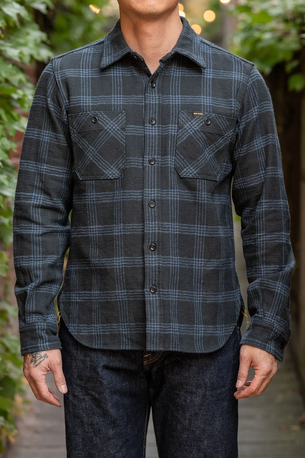 Iron Heart IHSH-408-BLK 12oz Slubby Heavy Flannel Check Work Shirt - Black sold by Franklin and Poe