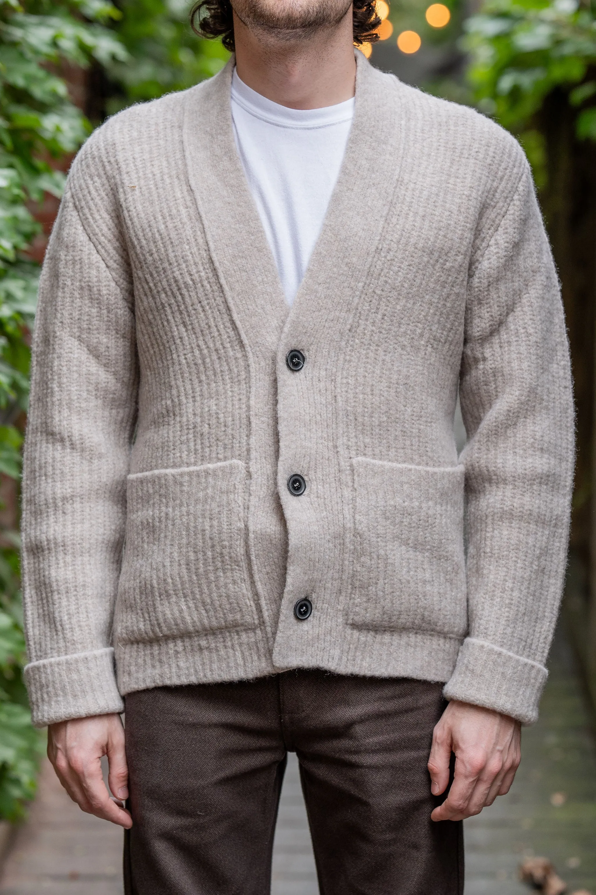 Hansen Garments Linus Knitted Cardigan - Fuzzy Natural sold by Franklin and Poe
