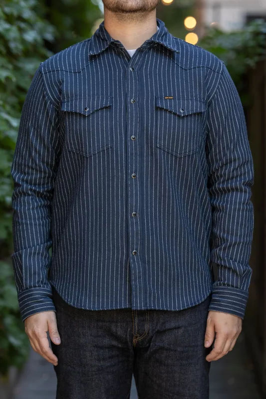 Iron Heart IHSH-401-NAV Ultra Heavy Flannel Chalk Stripe Western Shirt - Navy sold by Franklin and Poe