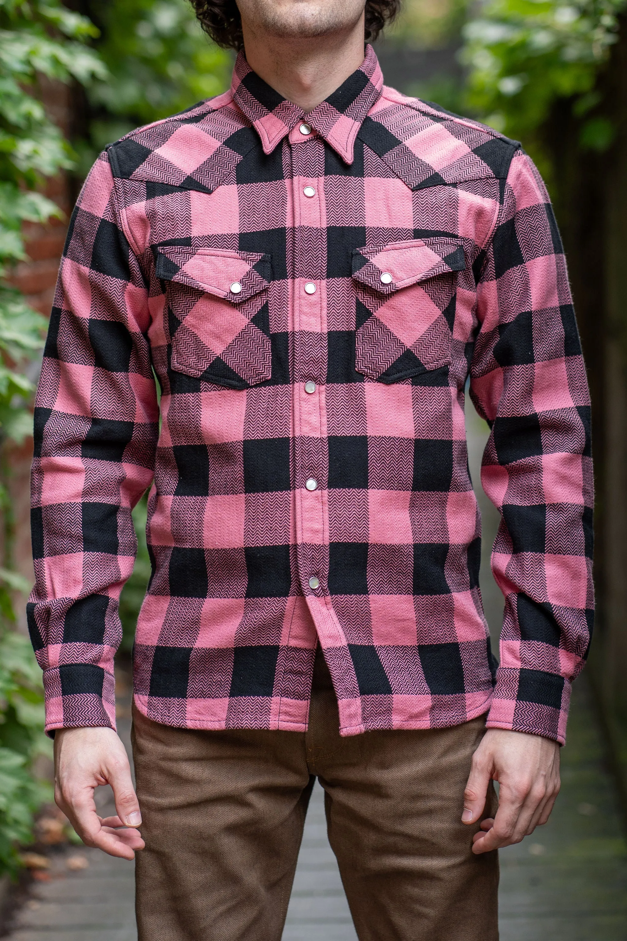 The Flat Head SNW-101L Block Check Western Flannel Shirt - Pink/Black sold by Franklin and Poe