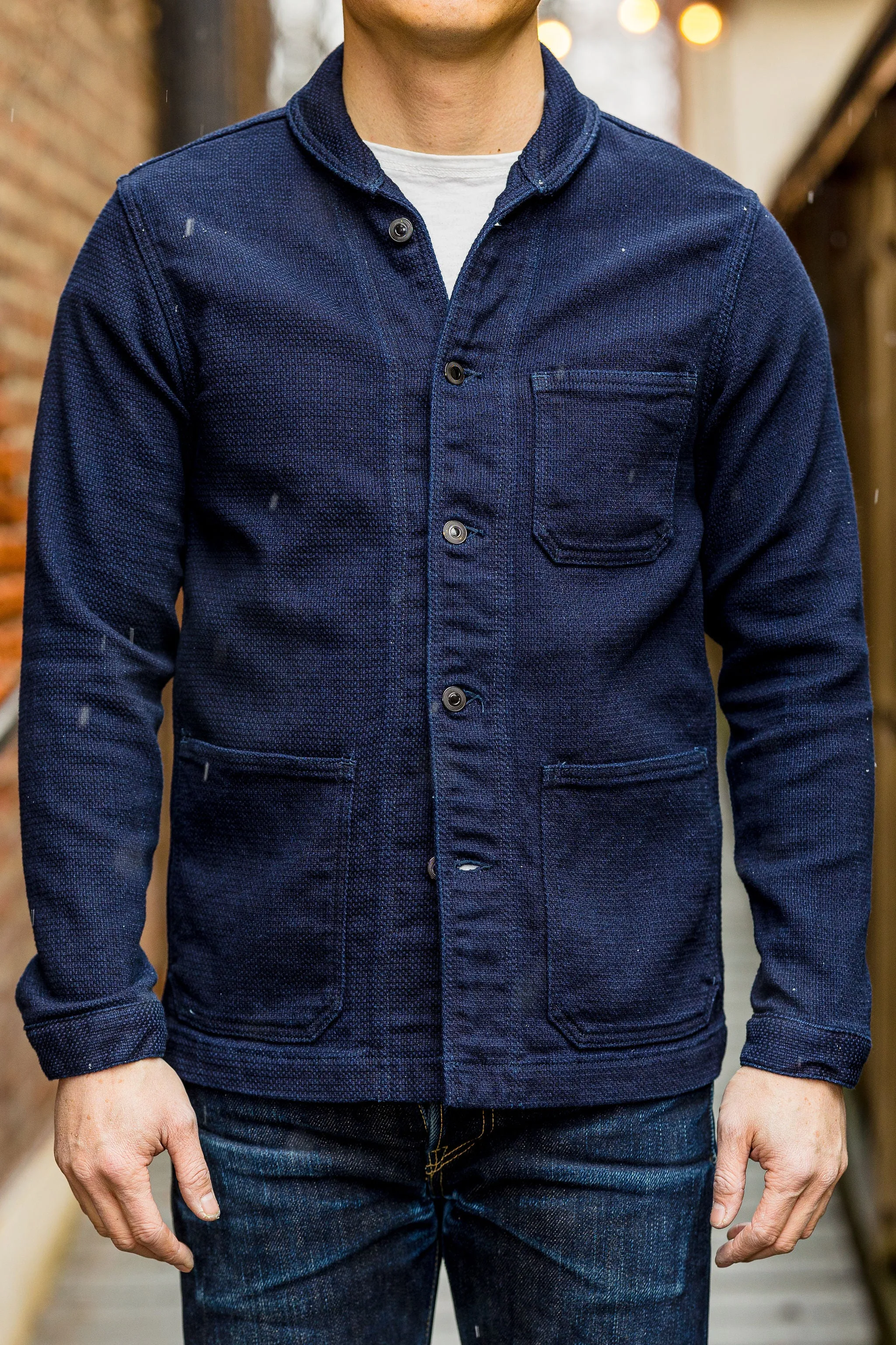 Momotaro 03-042 Indigo Dobby Coverall sold by Franklin and Poe