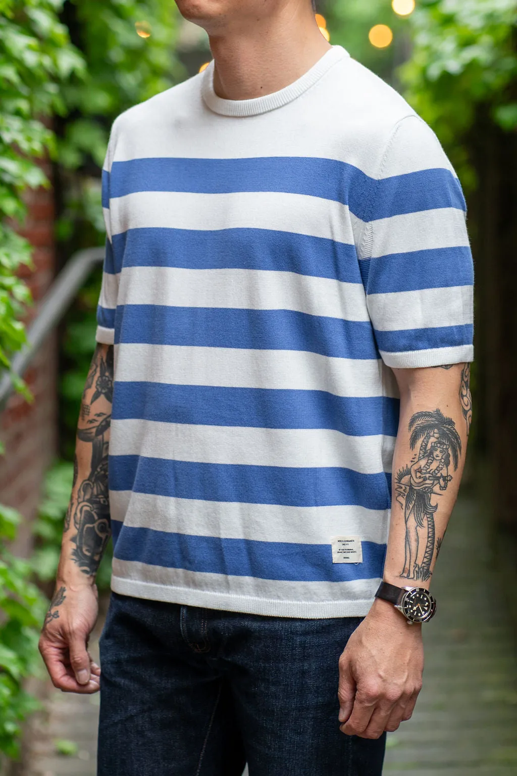 Merz b. Schwanen KTEE01 Relaxed Fit Knitted Tee Organic Cotton - White/Washed Blue sold by Franklin and Poe product image thumbnail 2