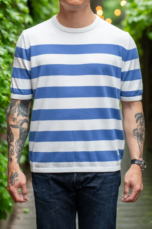 Merz b. Schwanen KTEE01 Relaxed Fit Knitted Tee Organic Cotton - White/Washed Blue sold by Franklin and Poe