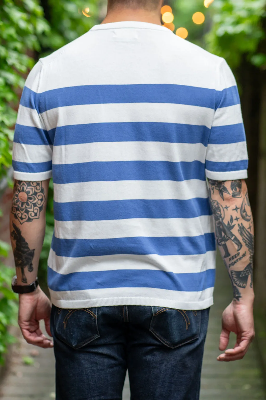 Merz b. Schwanen KTEE01 Relaxed Fit Knitted Tee Organic Cotton - White/Washed Blue sold by Franklin and Poe product image thumbnail 3