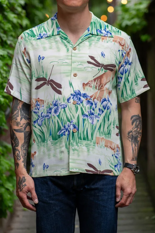 Sun Surf Rayon Hawaiian Shirt "Iris & Dragonfly" - Brown sold by Franklin and Poe