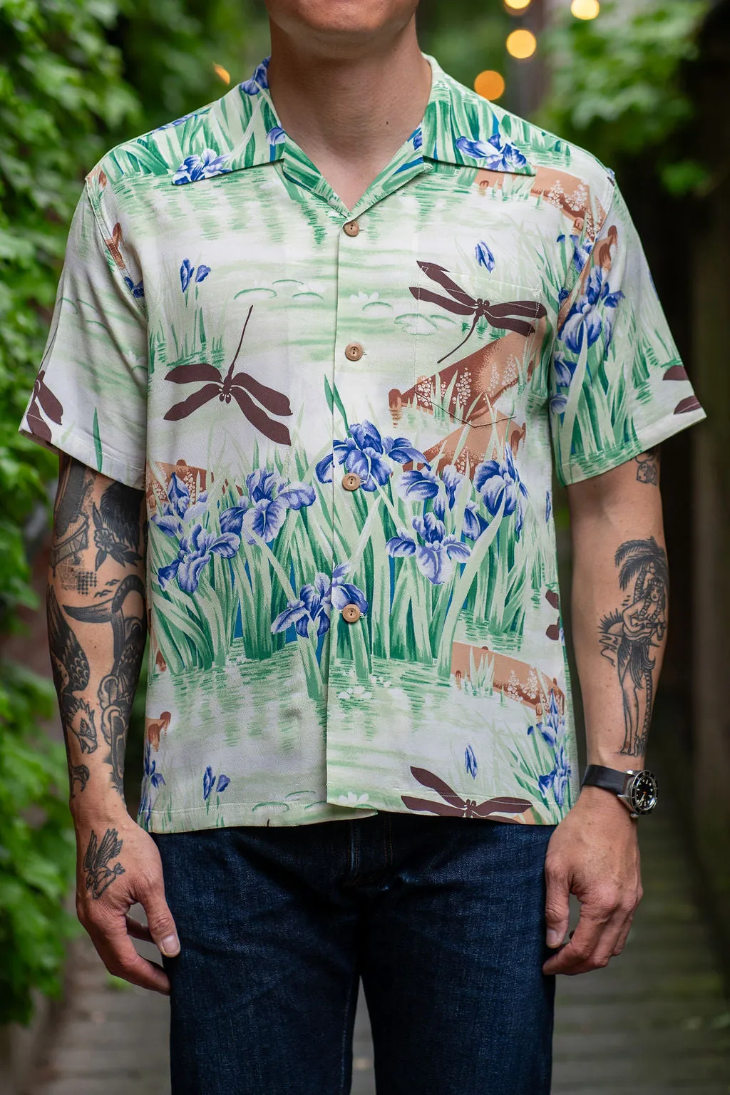 Sun Surf Rayon Hawaiian Shirt "Iris & Dragonfly" - Brown sold by Franklin and Poe