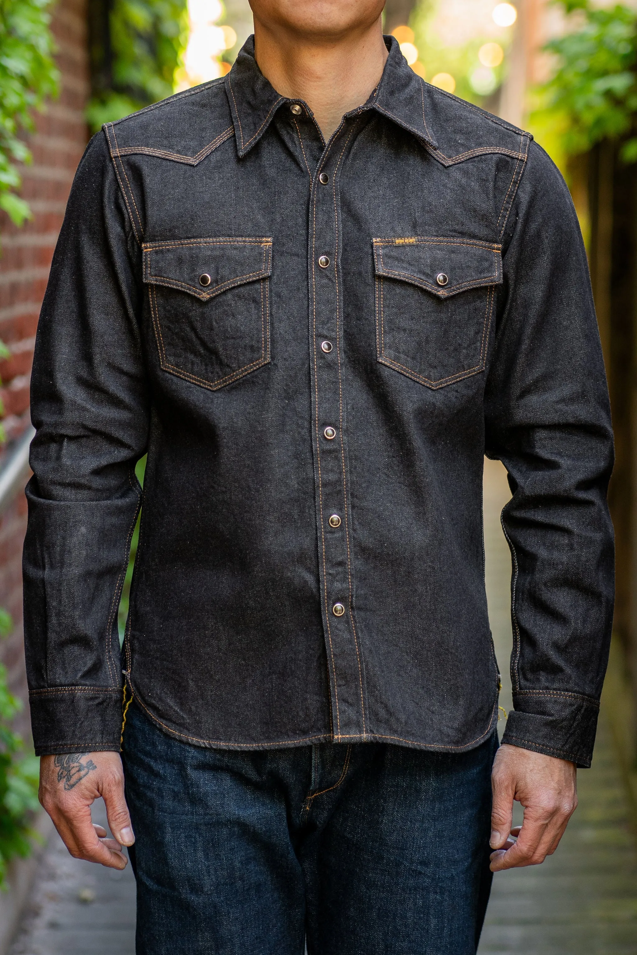 Iron Heart IHSH-33-BLK 12oz Selvedge Denim Western Shirt - Black sold by Franklin and Poe