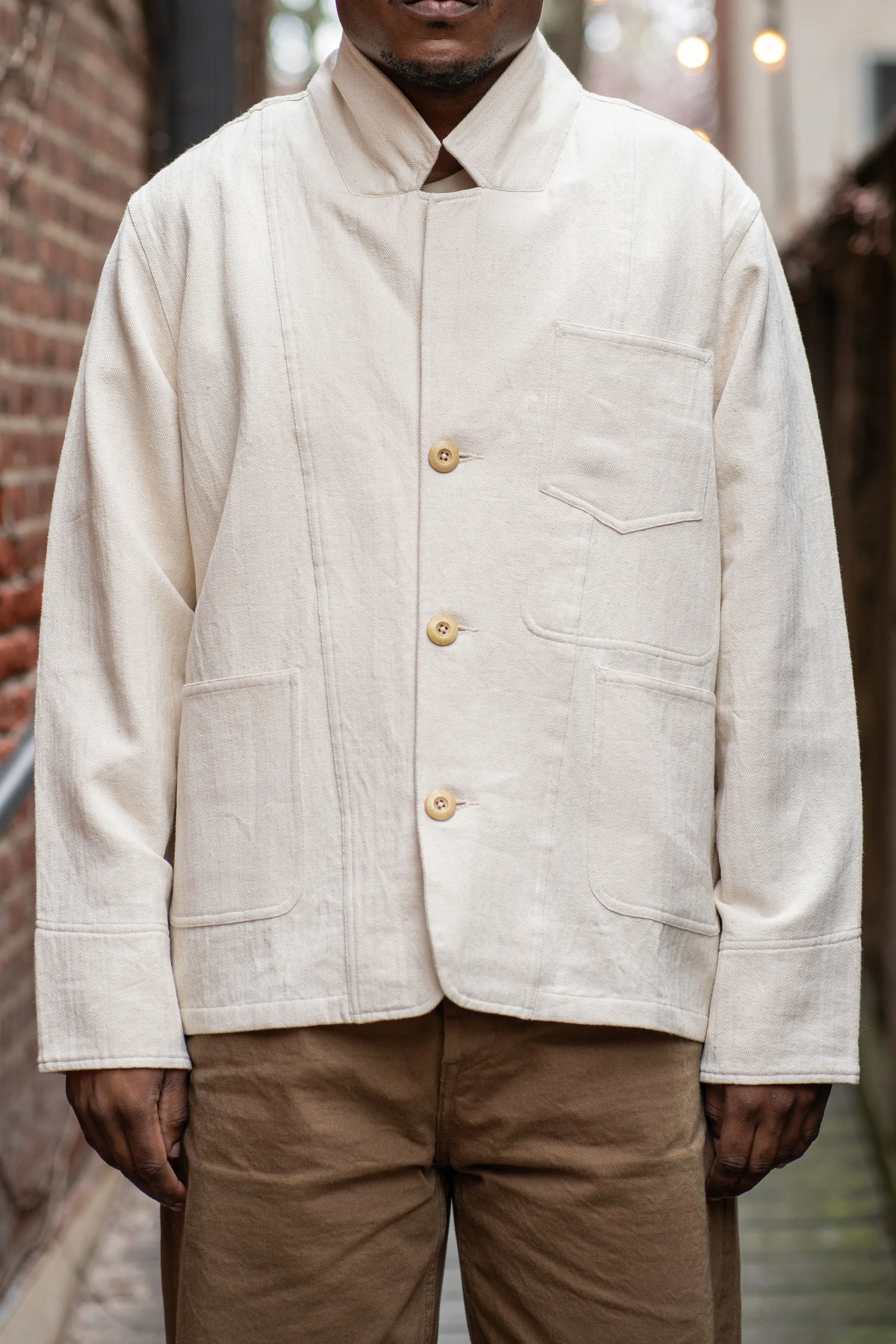 Indi + Ash Study Jacket - Handwoven Military Herringbone Natural sold by Franklin and Poe