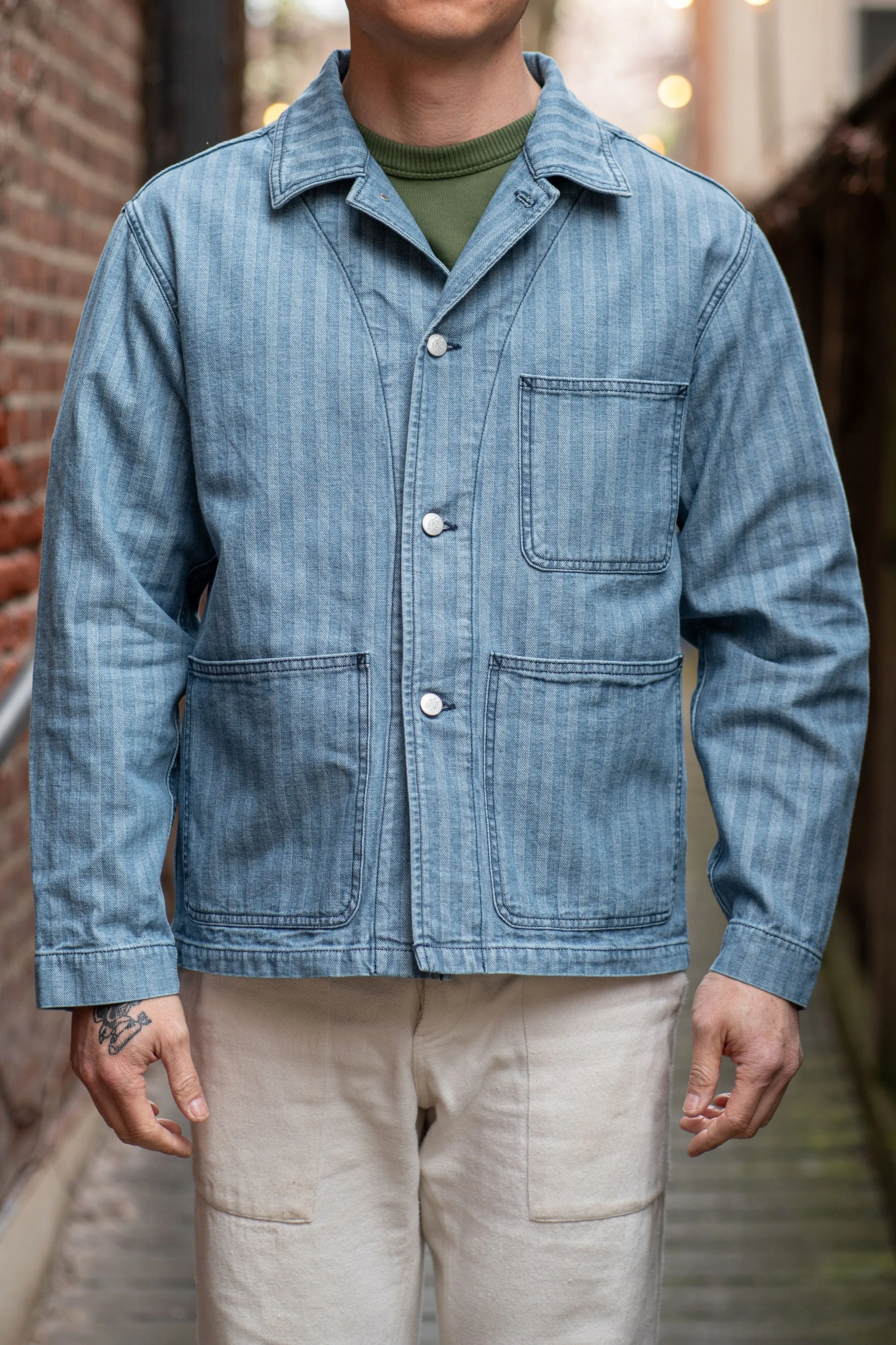 Knickerbocker Factory Denim Chore Coat - Light Wash Fisher Stripe sold by Franklin and Poe