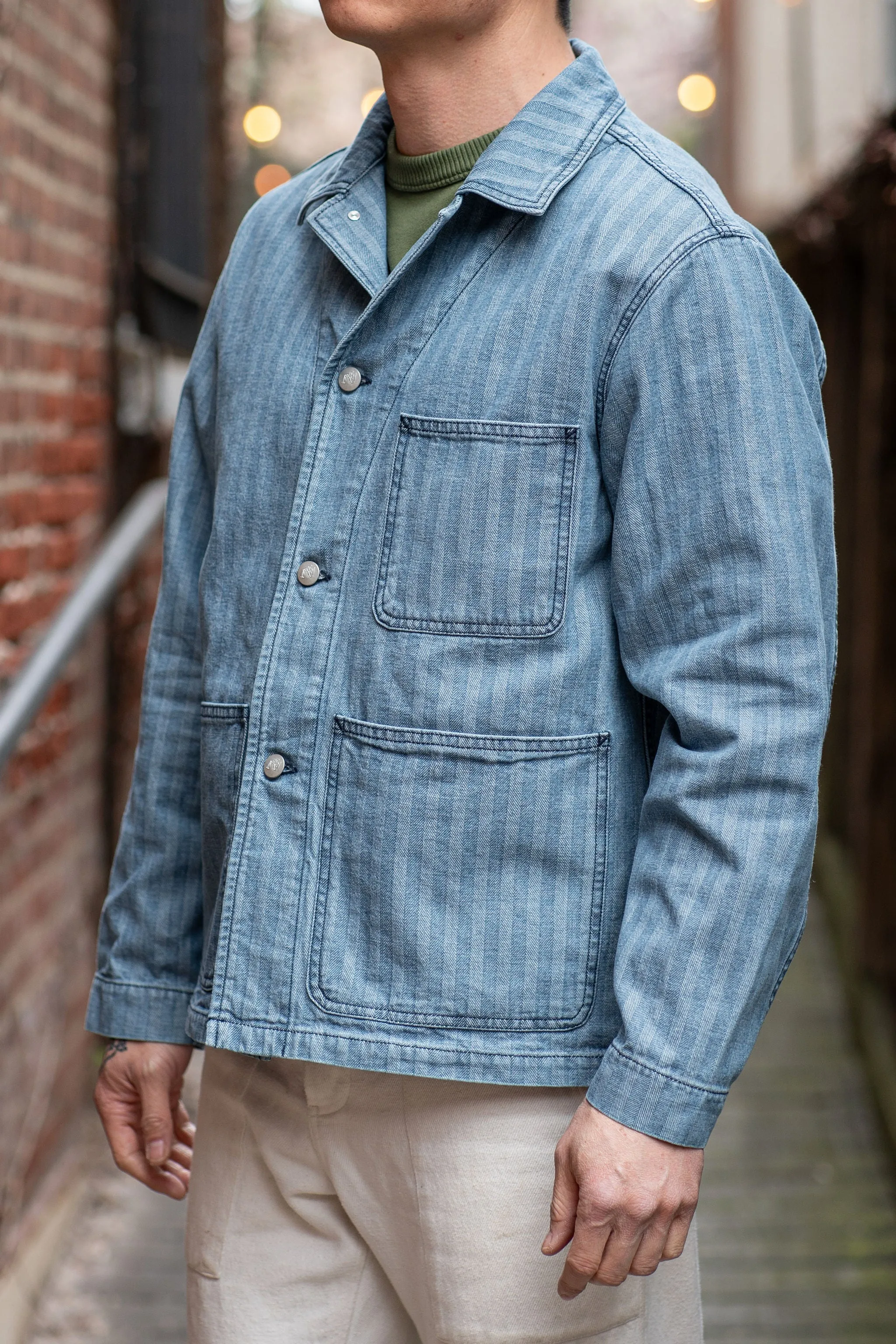 Knickerbocker Factory Denim Chore Coat - Light Wash Fisher Stripe sold by Franklin and Poe product image thumbnail 2