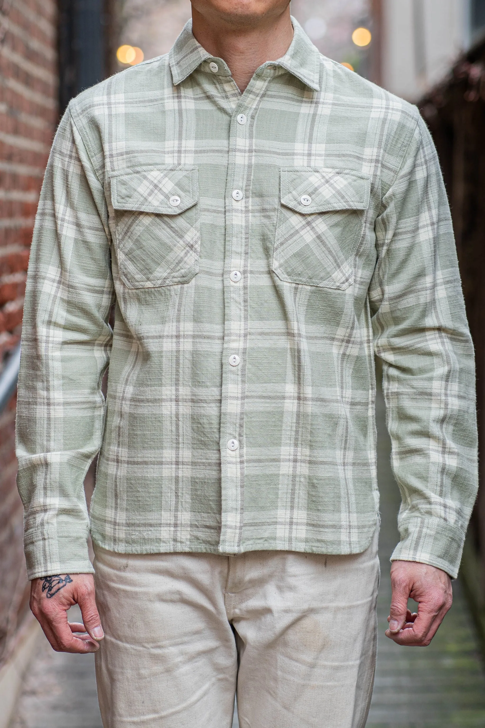 3sixteen Crosscut Flannel - Seafoam Slub Plaid sold by Franklin and Poe