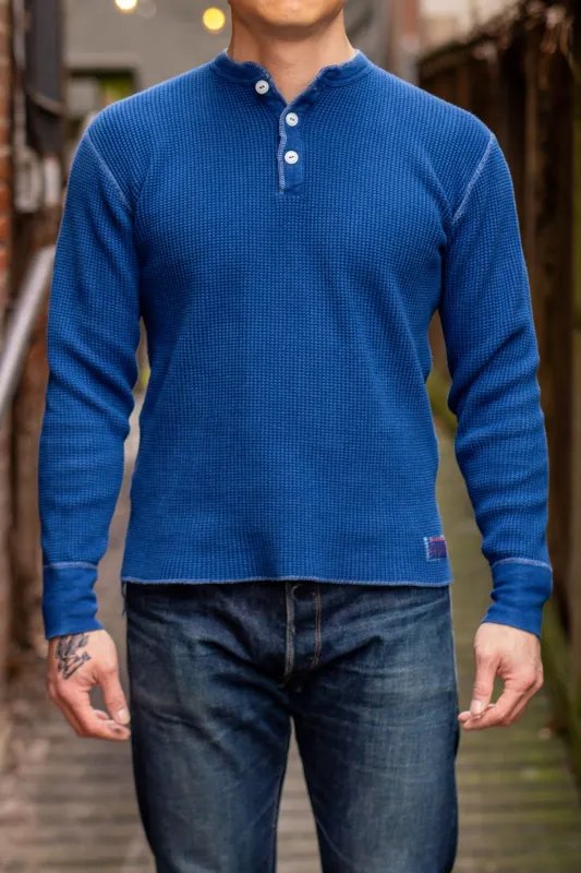 Iron Heart IHTL-1213-IND Waffle Knit Long Sleeved Thermal Henley - Indigo Dyed sold by Franklin and Poe