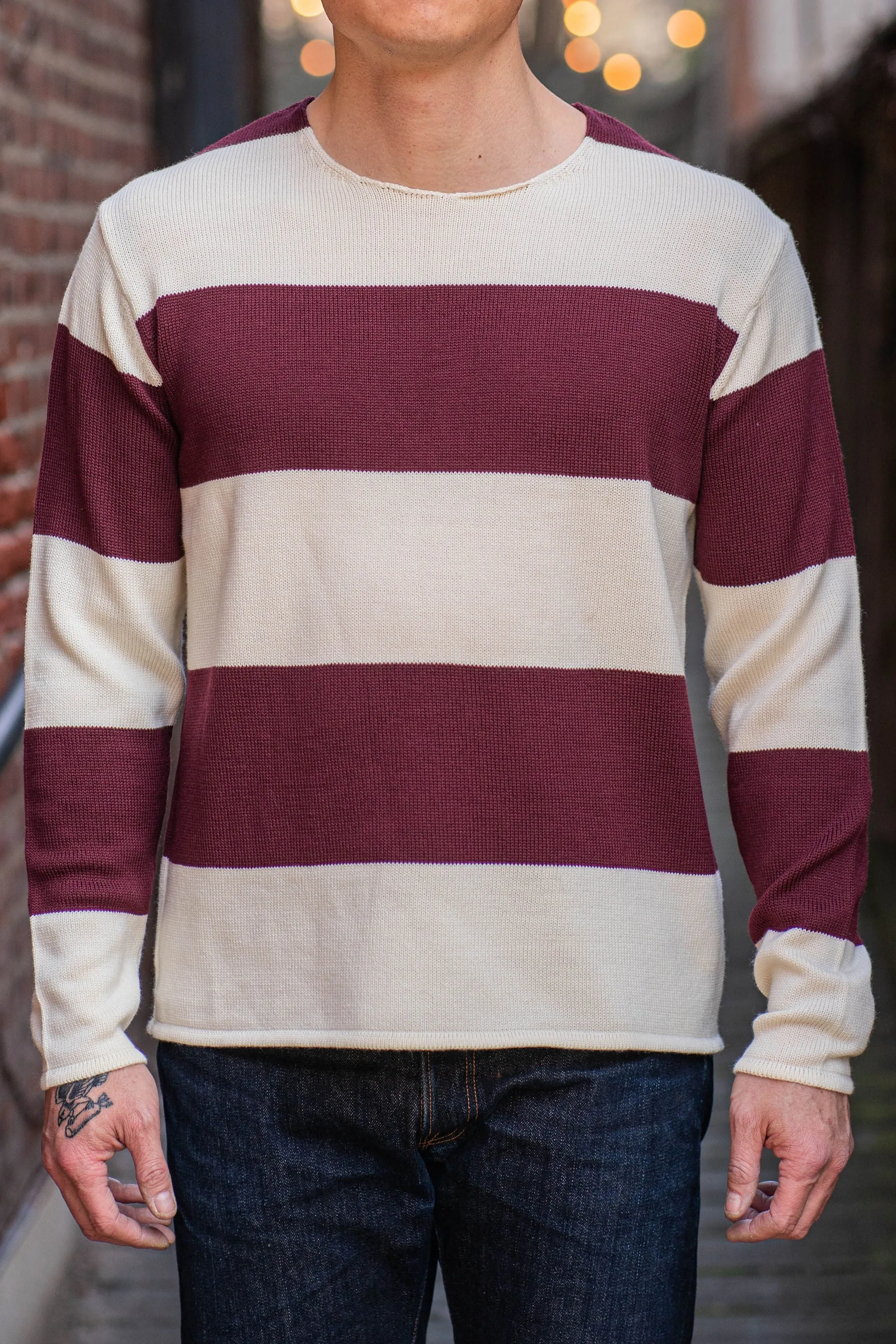 Heimat Textil Rugby Harbor Sweater - Seashell/Burgundy sold by Franklin and Poe