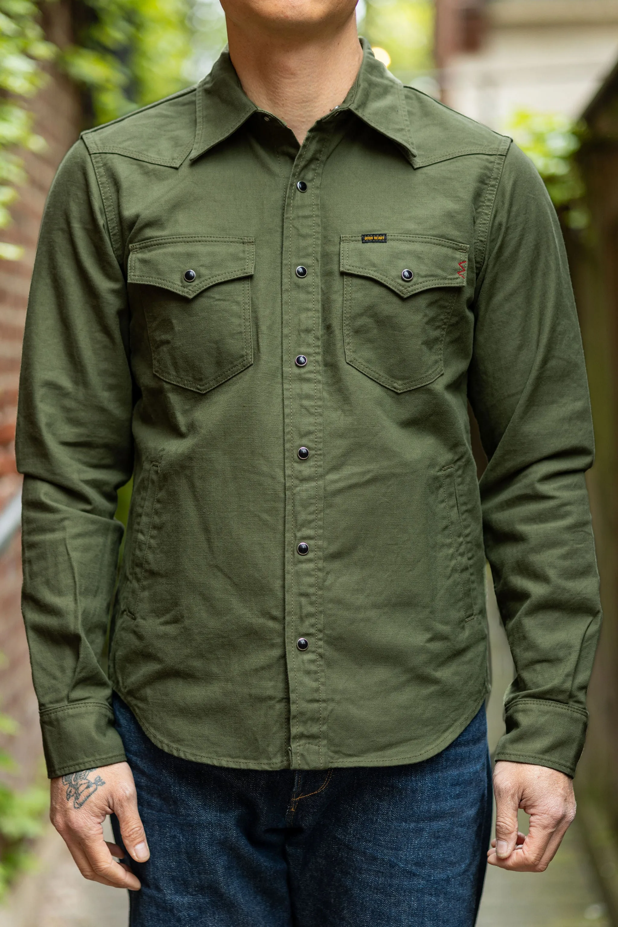 Iron Heart IHSH-381-OLV 9oz Military Serge CPO Shirt - Olive sold by Franklin and Poe
